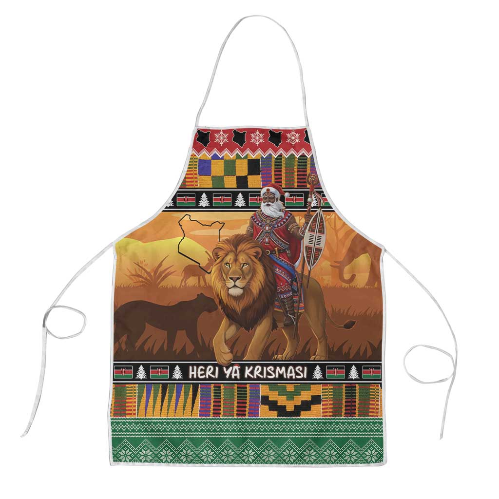 Kenya Safari Christmas Apron Black Santa Riding Lion - Heri ya Krismasi - Wonder Print Shop