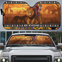 Kenya Safari Christmas Auto Sun Shade Black Santa Riding Lion - Heri ya Krismasi - Wonder Print Shop