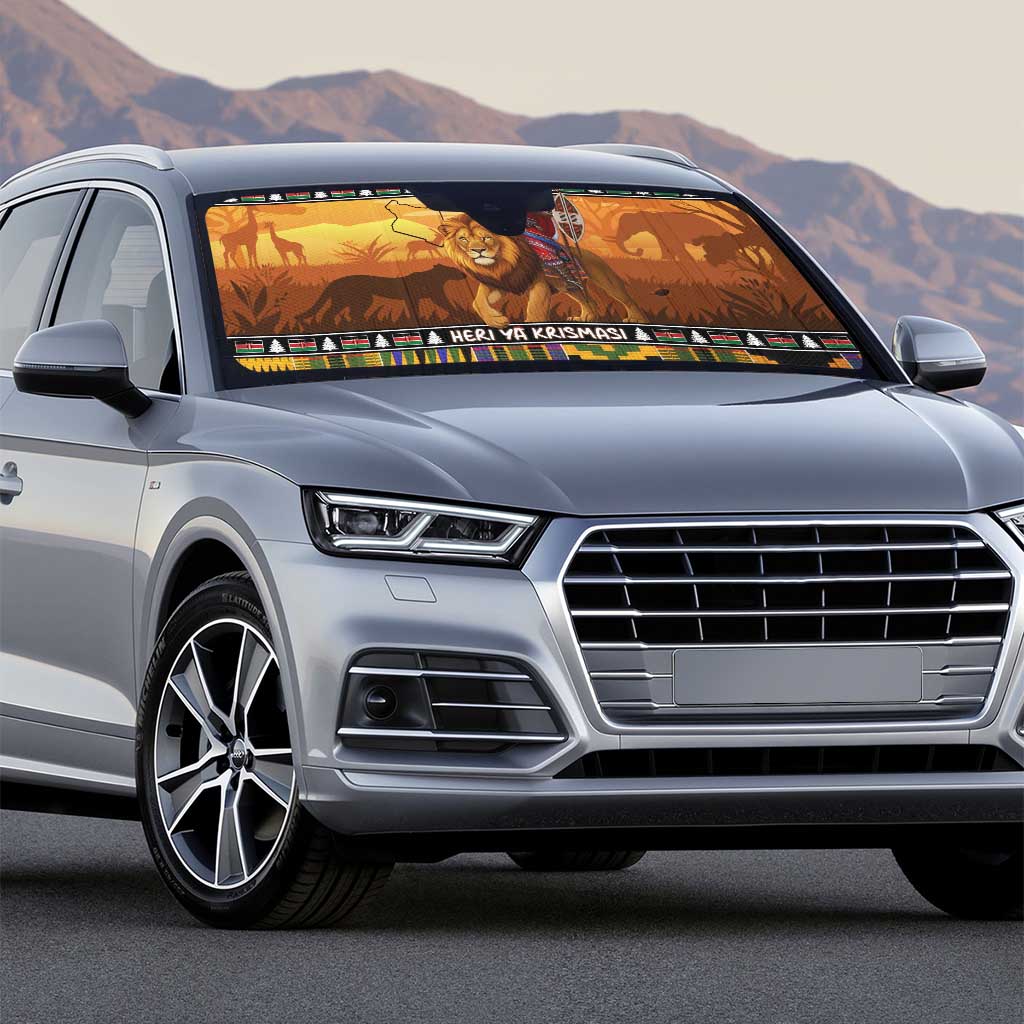 Kenya Safari Christmas Auto Sun Shade Black Santa Riding Lion - Heri ya Krismasi - Wonder Print Shop