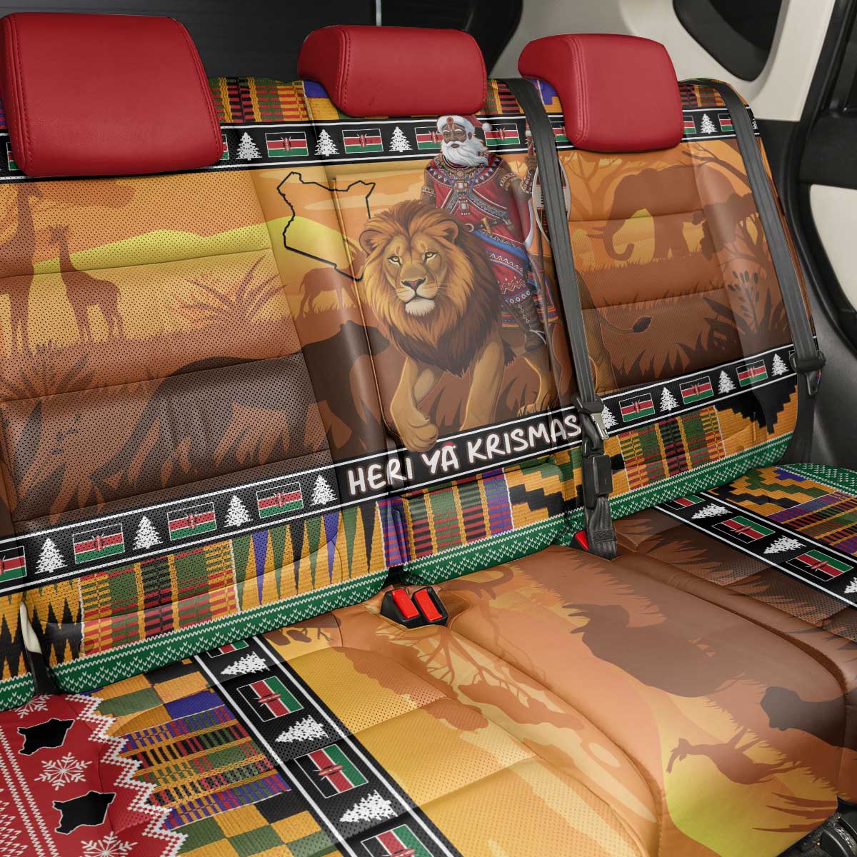 Kenya Safari Christmas Back Car Seat Cover Black Santa Riding Lion - Heri ya Krismasi - Wonder Print Shop
