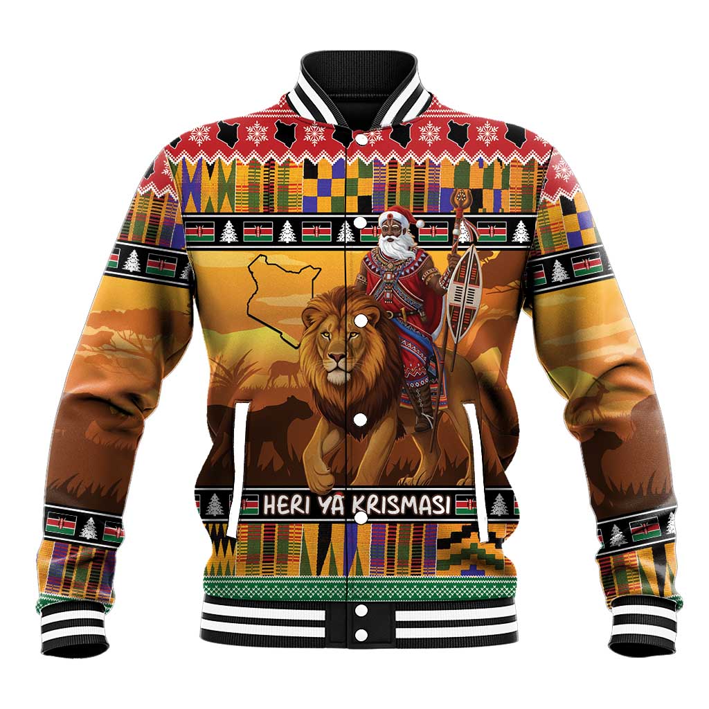 Kenya Safari Christmas Baseball Jacket Black Santa Riding Lion - Heri ya Krismasi - Wonder Print Shop