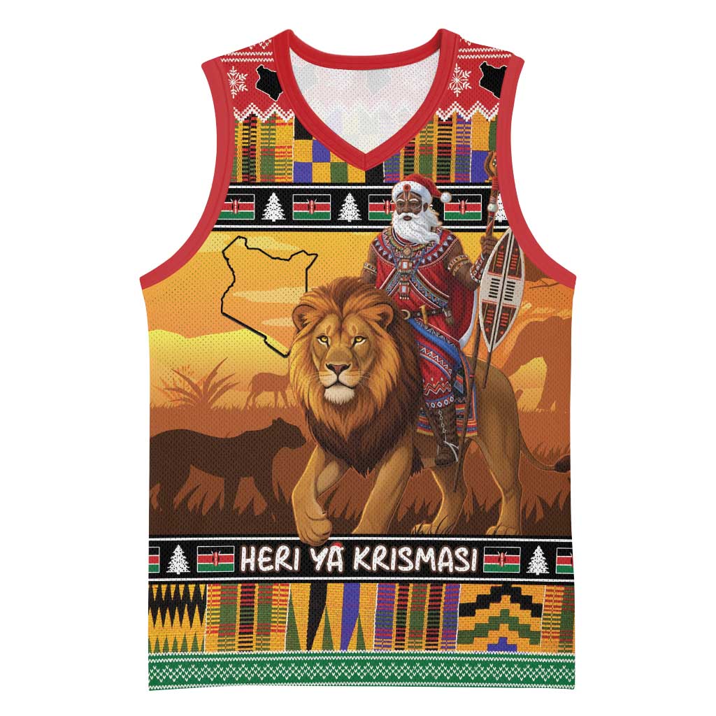 Kenya Safari Christmas Basketball Jersey Black Santa Riding Lion - Heri ya Krismasi - Wonder Print Shop
