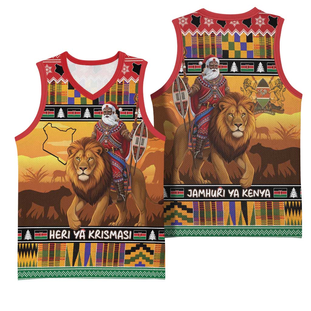 Kenya Safari Christmas Basketball Jersey Black Santa Riding Lion - Heri ya Krismasi - Wonder Print Shop