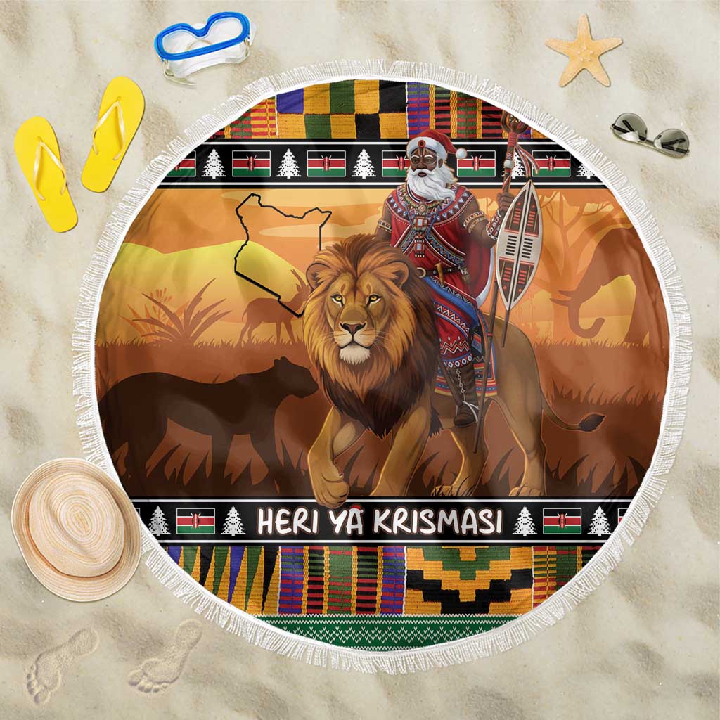 Kenya Safari Christmas Beach Blanket Black Santa Riding Lion - Heri ya Krismasi - Wonder Print Shop