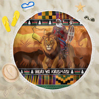 Kenya Safari Christmas Beach Blanket Black Santa Riding Lion - Heri ya Krismasi - Wonder Print Shop