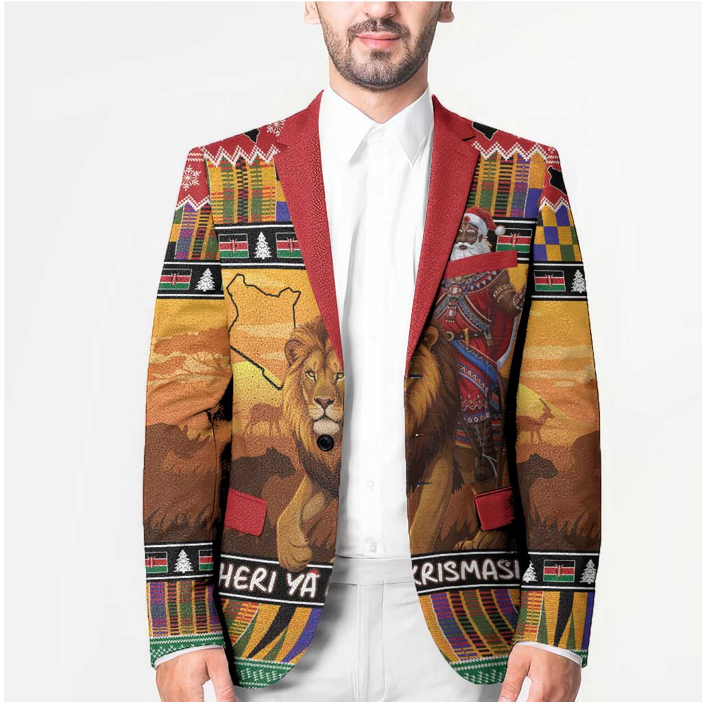 Kenya Safari Christmas Blazer Black Santa Riding Lion - Heri ya Krismasi - Wonder Print Shop