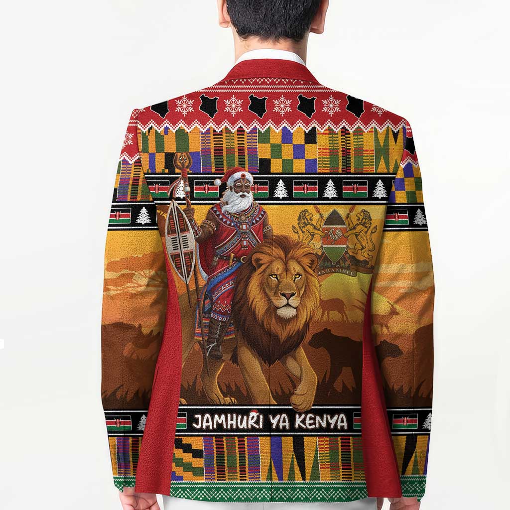 Kenya Safari Christmas Blazer Black Santa Riding Lion - Heri ya Krismasi - Wonder Print Shop