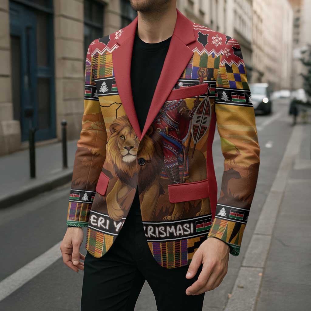 Kenya Safari Christmas Blazer Black Santa Riding Lion - Heri ya Krismasi - Wonder Print Shop
