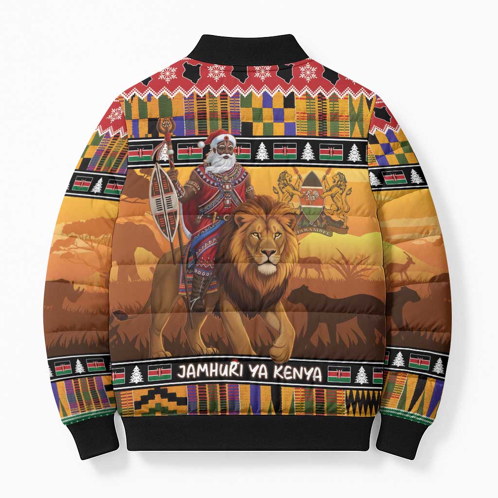 Kenya Safari Christmas Bomber Puffer Jacket Black Santa Riding Lion - Heri ya Krismasi - Wonder Print Shop
