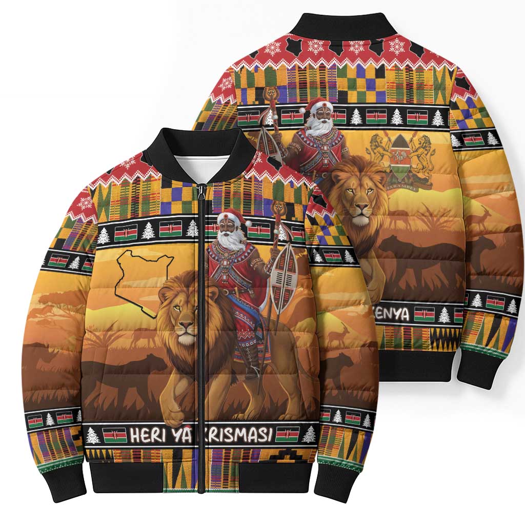 Kenya Safari Christmas Bomber Puffer Jacket Black Santa Riding Lion - Heri ya Krismasi - Wonder Print Shop