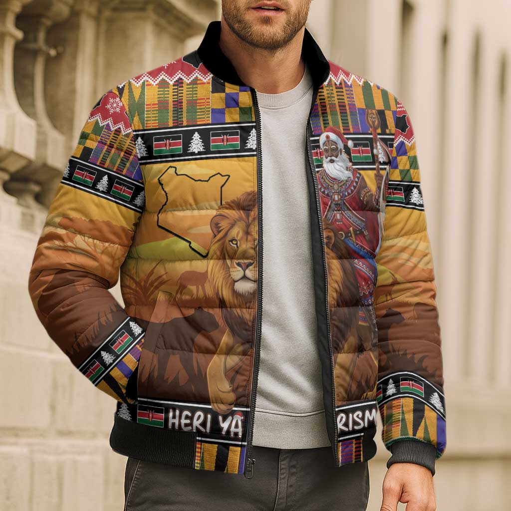 Kenya Safari Christmas Bomber Puffer Jacket Black Santa Riding Lion - Heri ya Krismasi - Wonder Print Shop