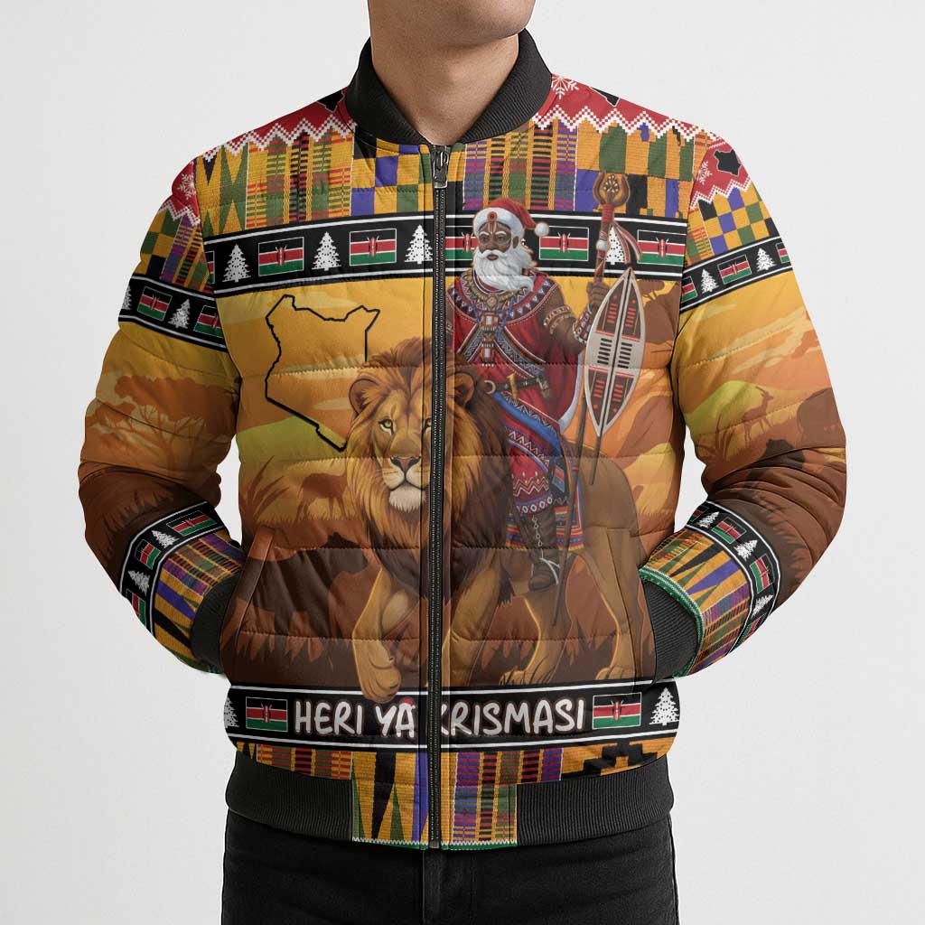 Kenya Safari Christmas Bomber Puffer Jacket Black Santa Riding Lion - Heri ya Krismasi - Wonder Print Shop