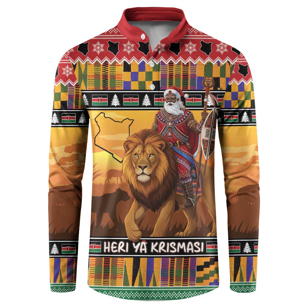 Kenya Safari Christmas Button Sweatshirt Black Santa Riding Lion - Heri ya Krismasi - Wonder Print Shop
