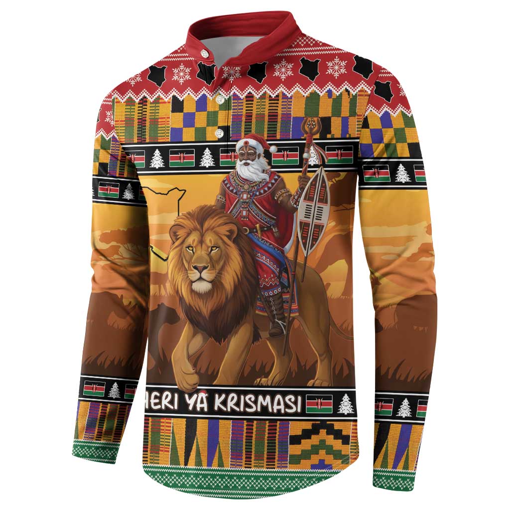 Kenya Safari Christmas Button Sweatshirt Black Santa Riding Lion - Heri ya Krismasi - Wonder Print Shop