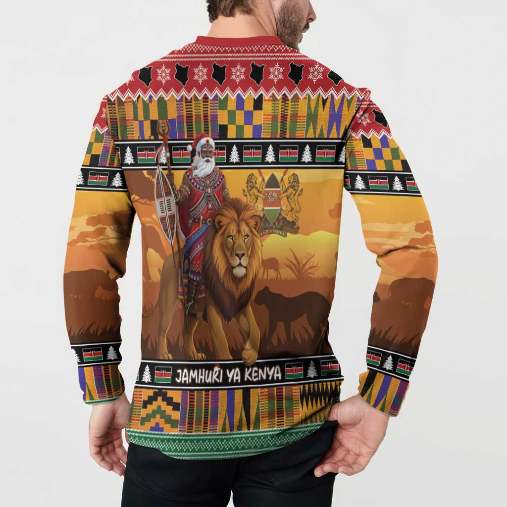Kenya Safari Christmas Button Sweatshirt Black Santa Riding Lion - Heri ya Krismasi - Wonder Print Shop
