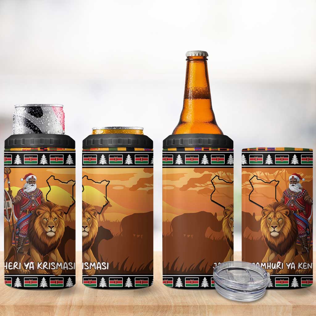 Kenya Safari Christmas 4 in 1 Can Cooler Tumbler Black Santa Riding Lion - Heri ya Krismasi - Wonder Print Shop
