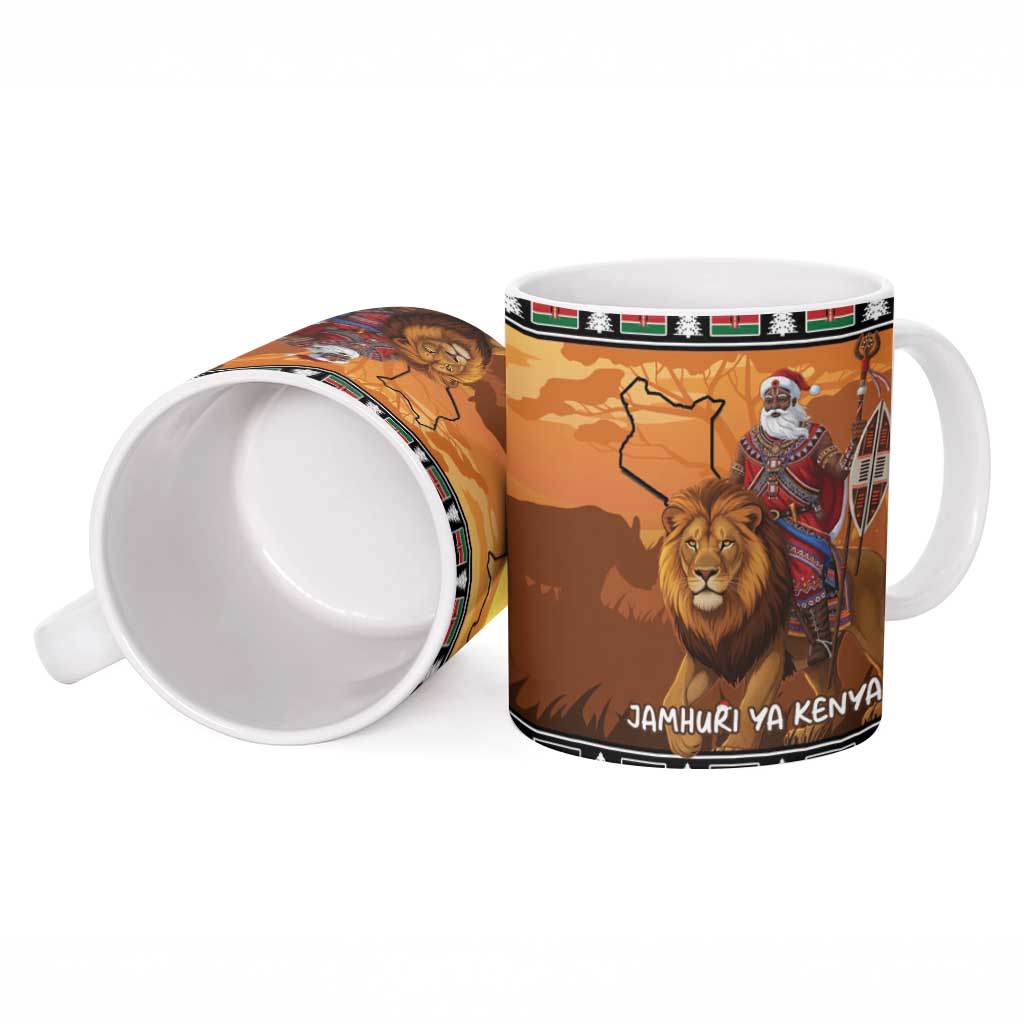 Kenya Safari Christmas Ceramic Mug Black Santa Riding Lion - Heri ya Krismasi - Wonder Print Shop