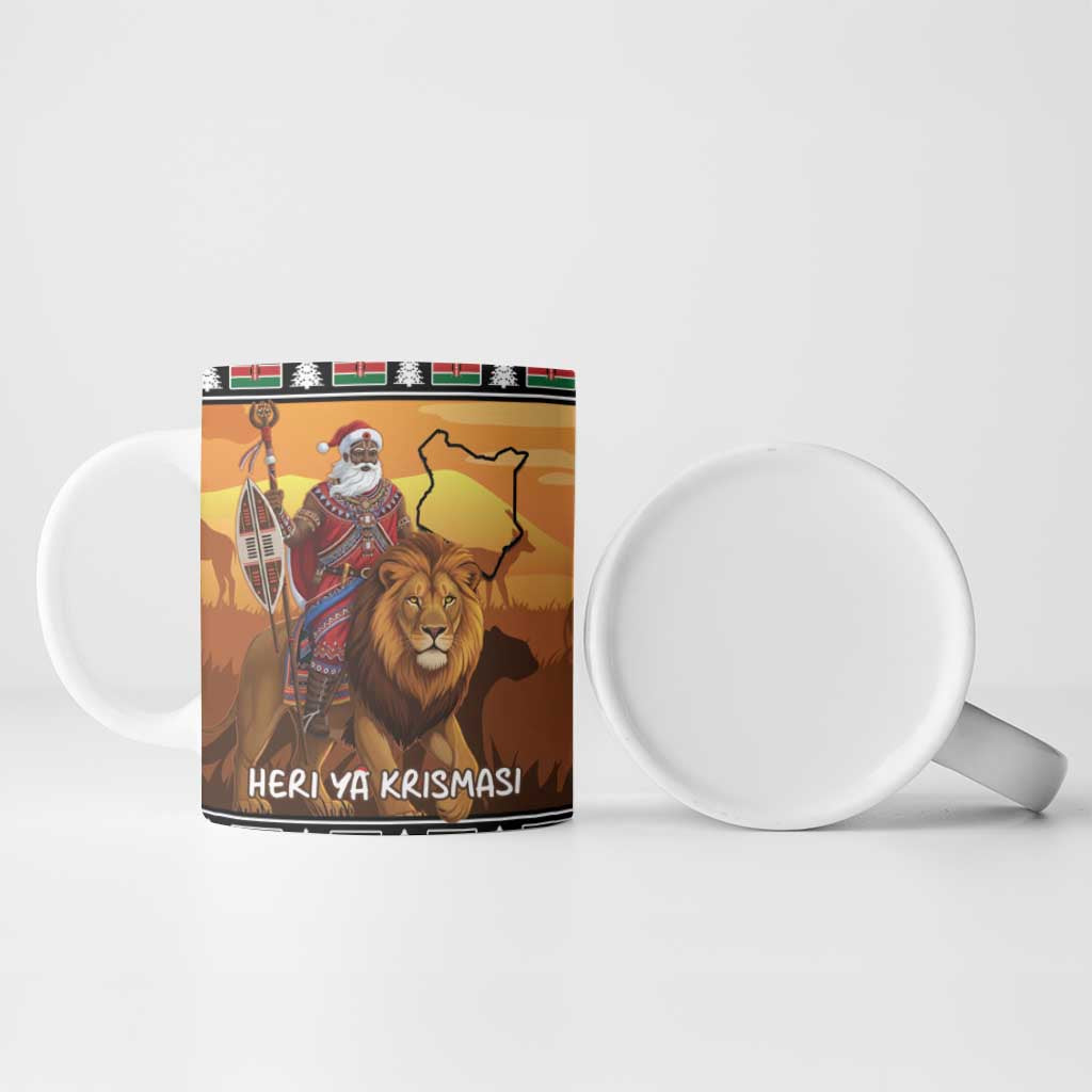 Kenya Safari Christmas Ceramic Mug Black Santa Riding Lion - Heri ya Krismasi - Wonder Print Shop