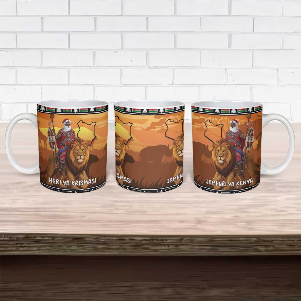 Kenya Safari Christmas Ceramic Mug Black Santa Riding Lion - Heri ya Krismasi - Wonder Print Shop