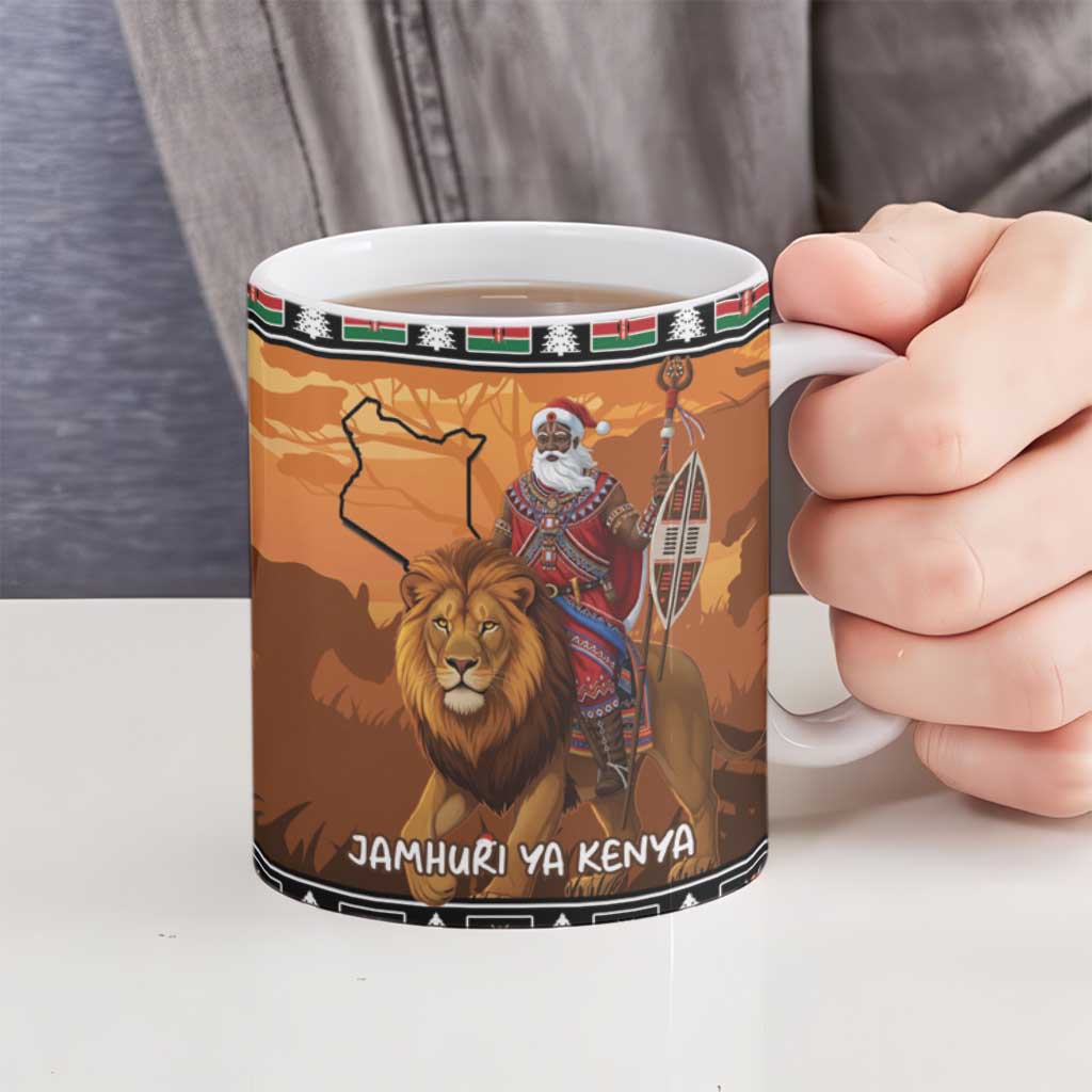 Kenya Safari Christmas Ceramic Mug Black Santa Riding Lion - Heri ya Krismasi - Wonder Print Shop