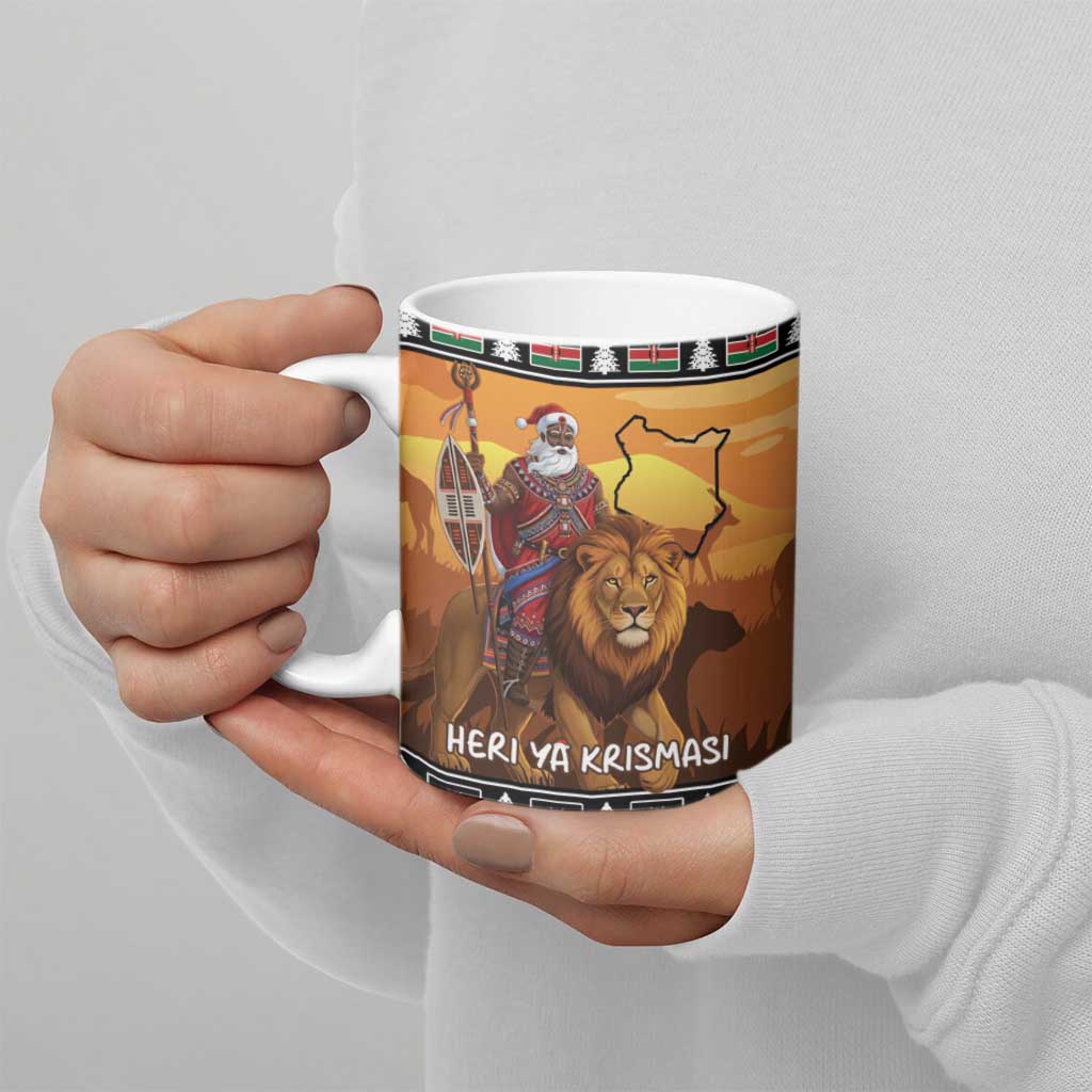 Kenya Safari Christmas Ceramic Mug Black Santa Riding Lion - Heri ya Krismasi - Wonder Print Shop