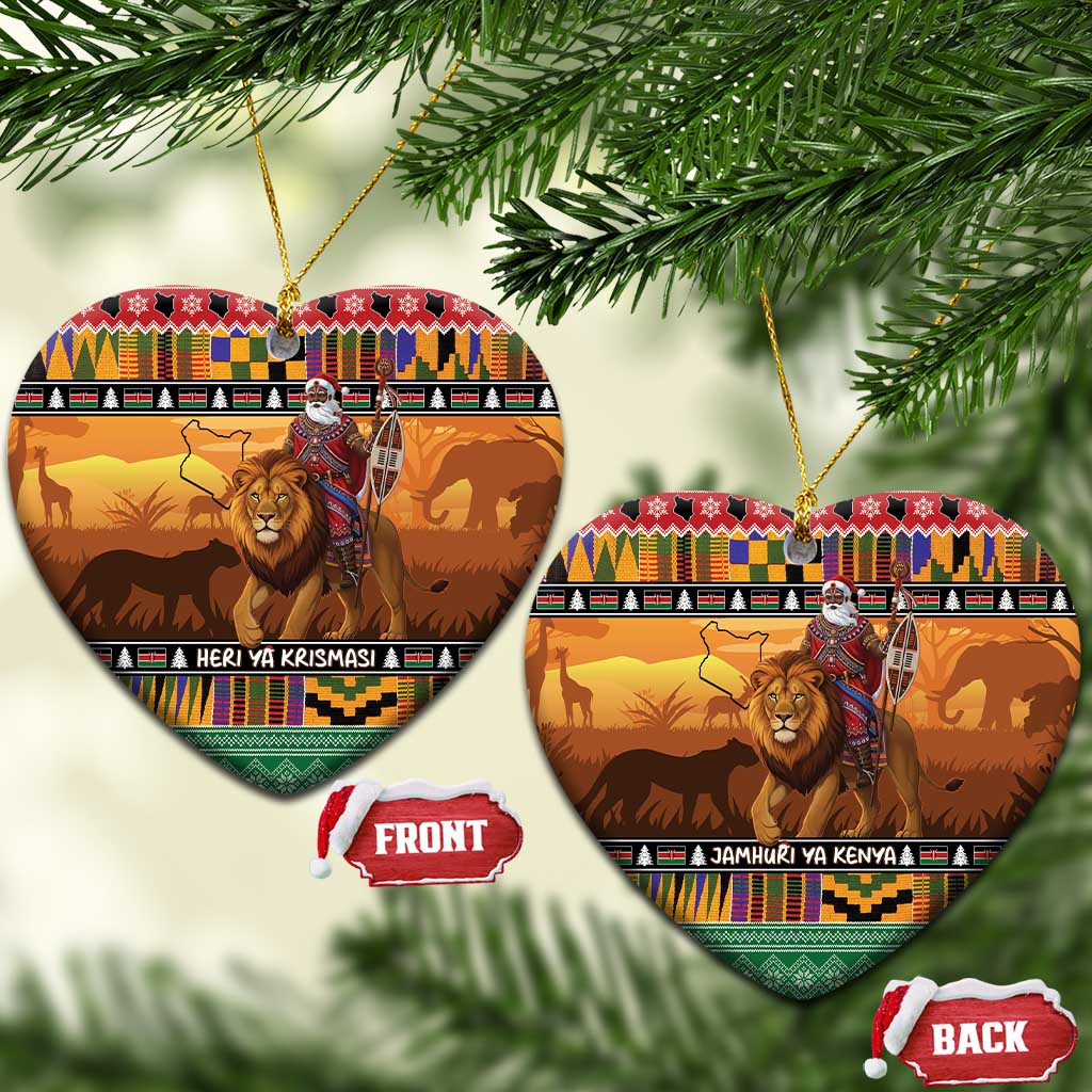 Kenya Safari Christmas Ceramic Ornament Black Santa Riding Lion - Heri ya Krismasi - Wonder Print Shop