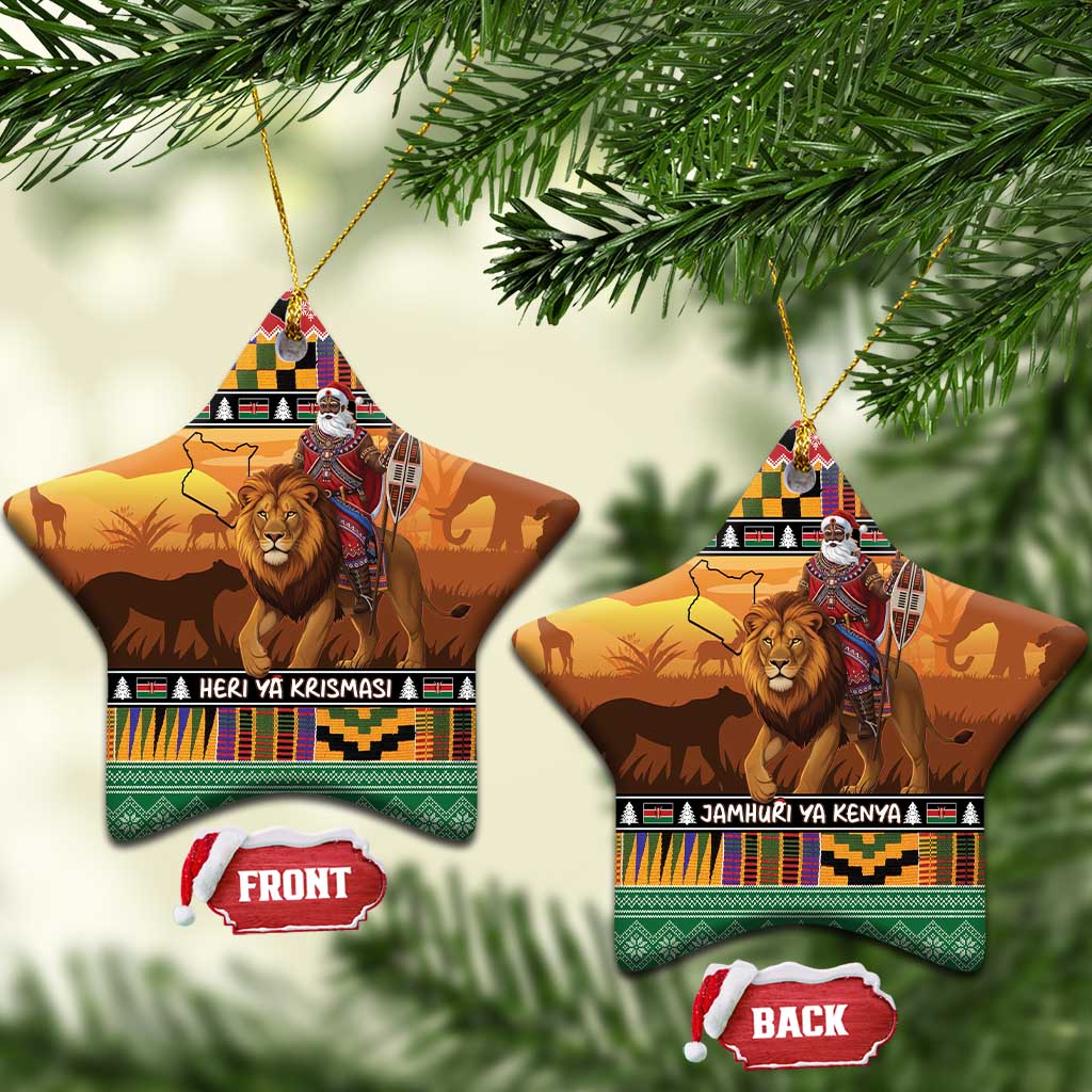Kenya Safari Christmas Ceramic Ornament Black Santa Riding Lion - Heri ya Krismasi - Wonder Print Shop