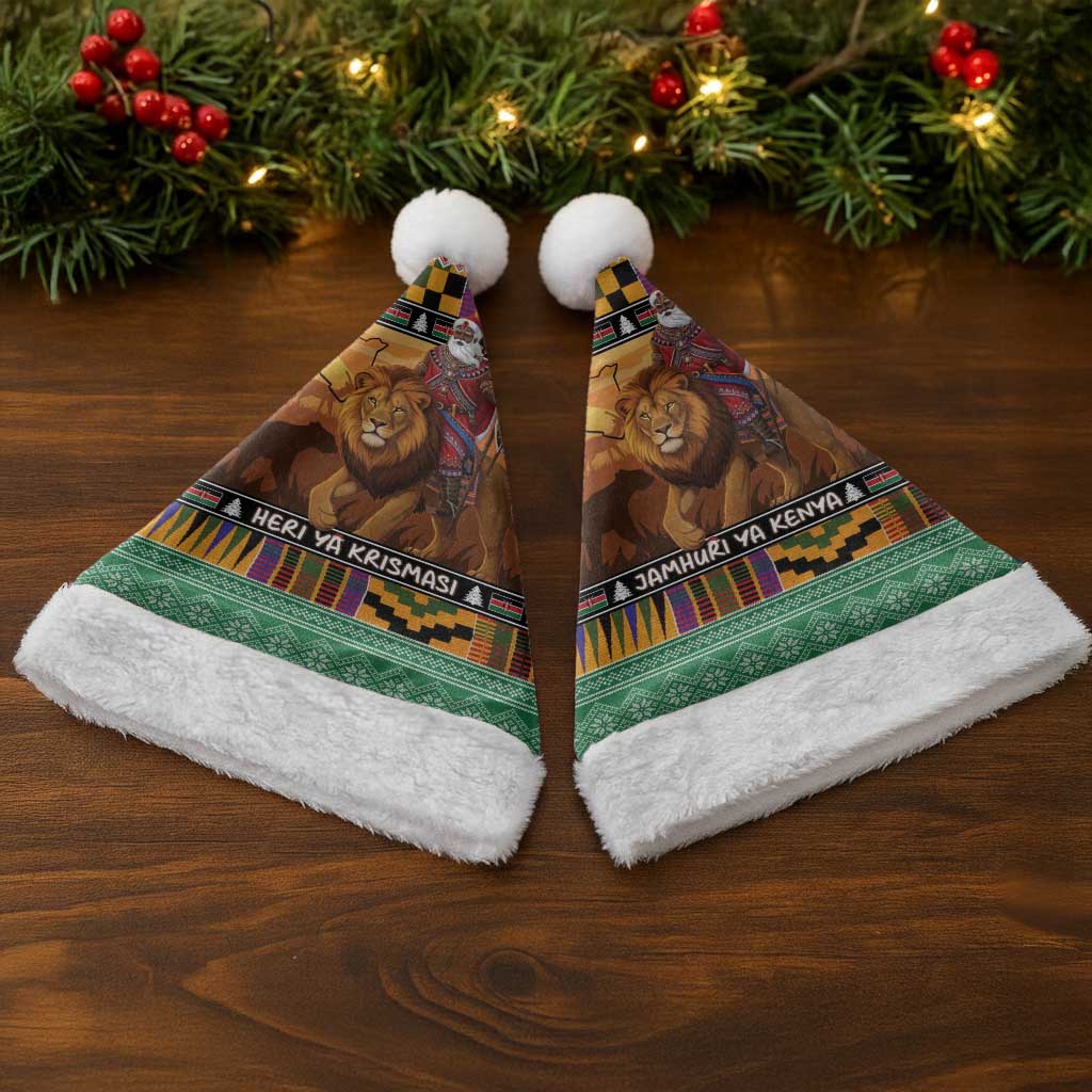Kenya Safari Christmas Santa Hat Black Santa Riding Lion - Heri ya Krismasi - Wonder Print Shop