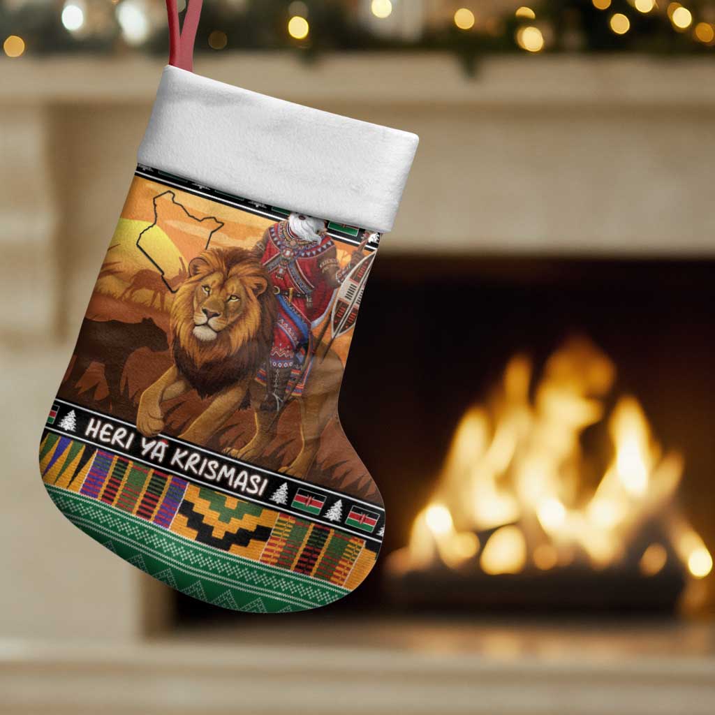 Kenya Safari Christmas Stocking Black Santa Riding Lion - Heri ya Krismasi - Wonder Print Shop