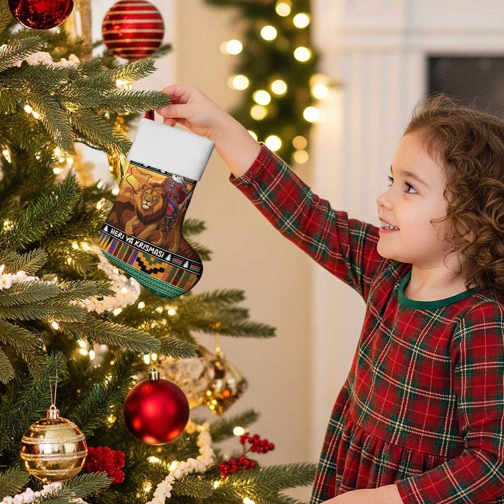 Kenya Safari Christmas Stocking Black Santa Riding Lion - Heri ya Krismasi - Wonder Print Shop