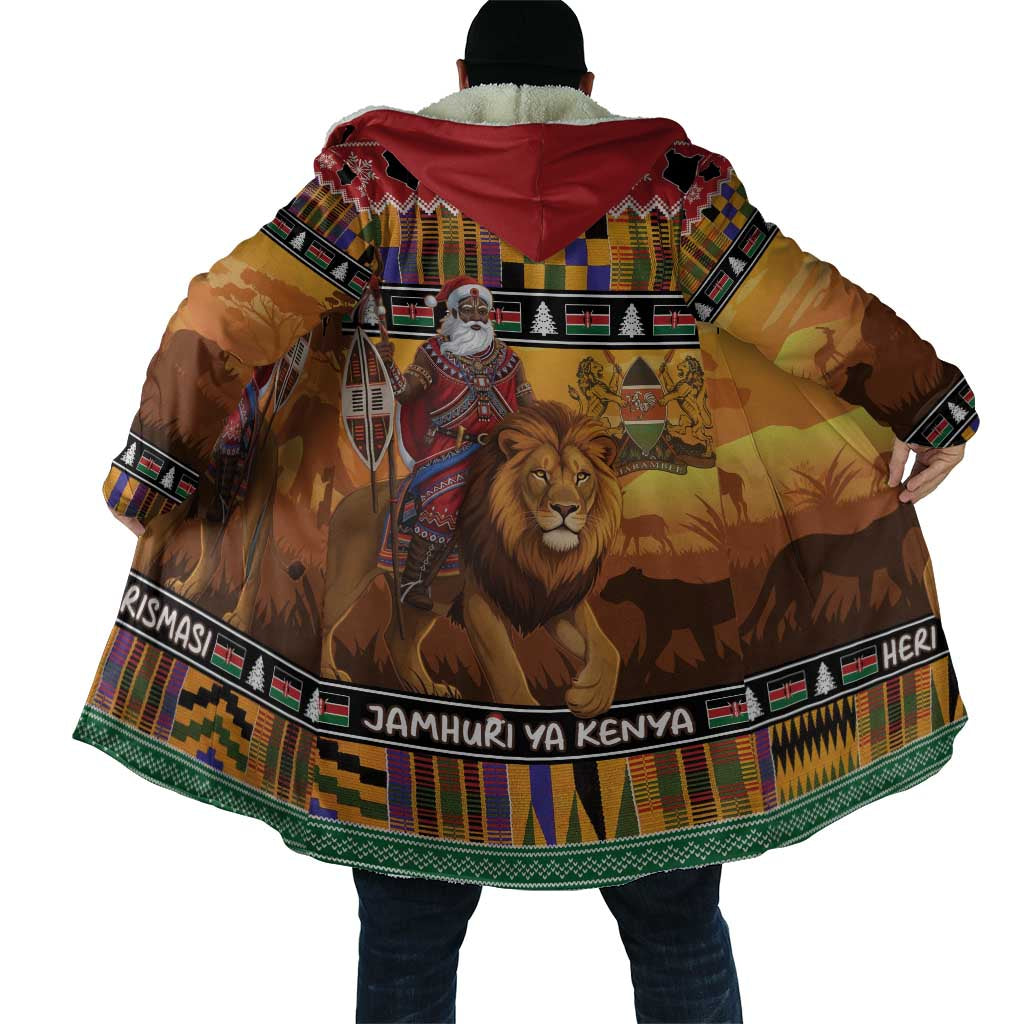 Kenya Safari Christmas Cloak Black Santa Riding Lion - Heri ya Krismasi - Wonder Print Shop