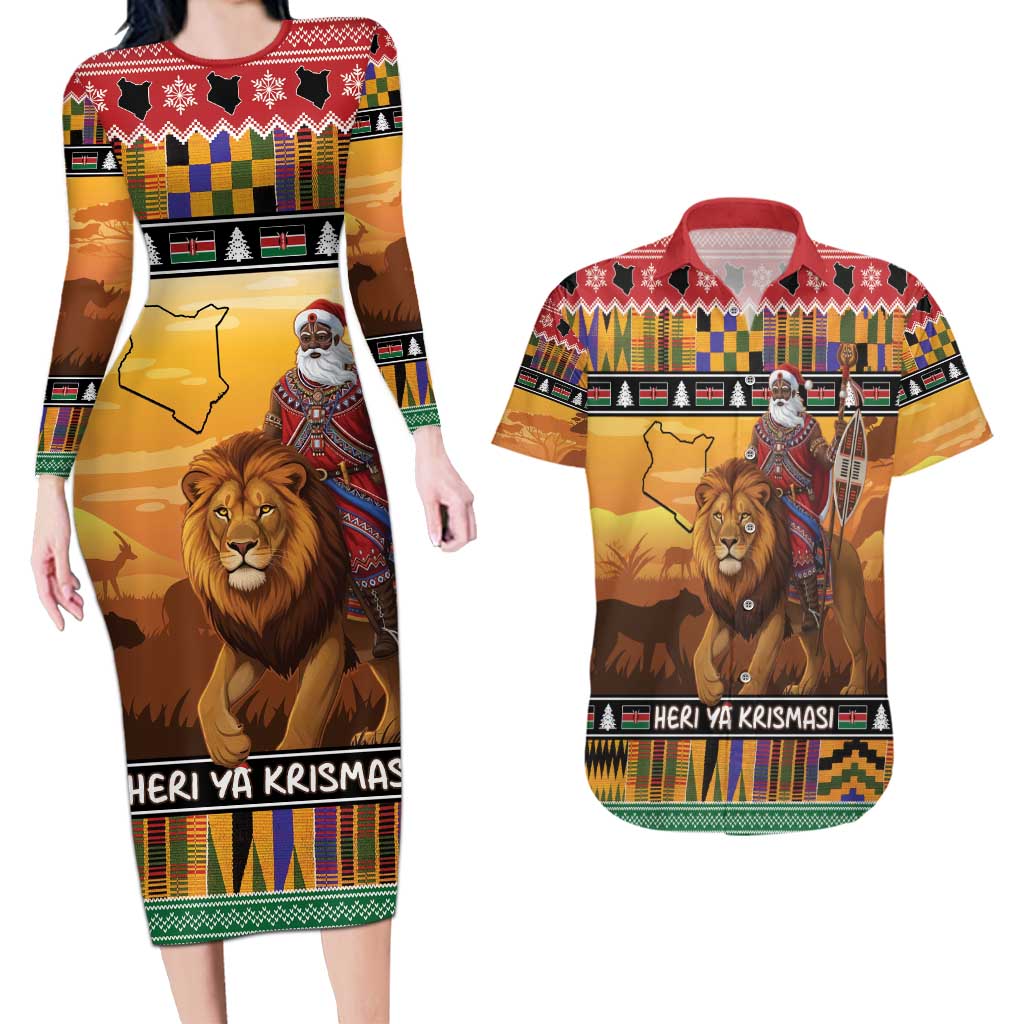 Kenya Safari Christmas Couples Matching Long Sleeve Bodycon Dress and Hawaiian Shirt Black Santa Riding Lion - Heri ya Krismasi - Wonder Print Shop