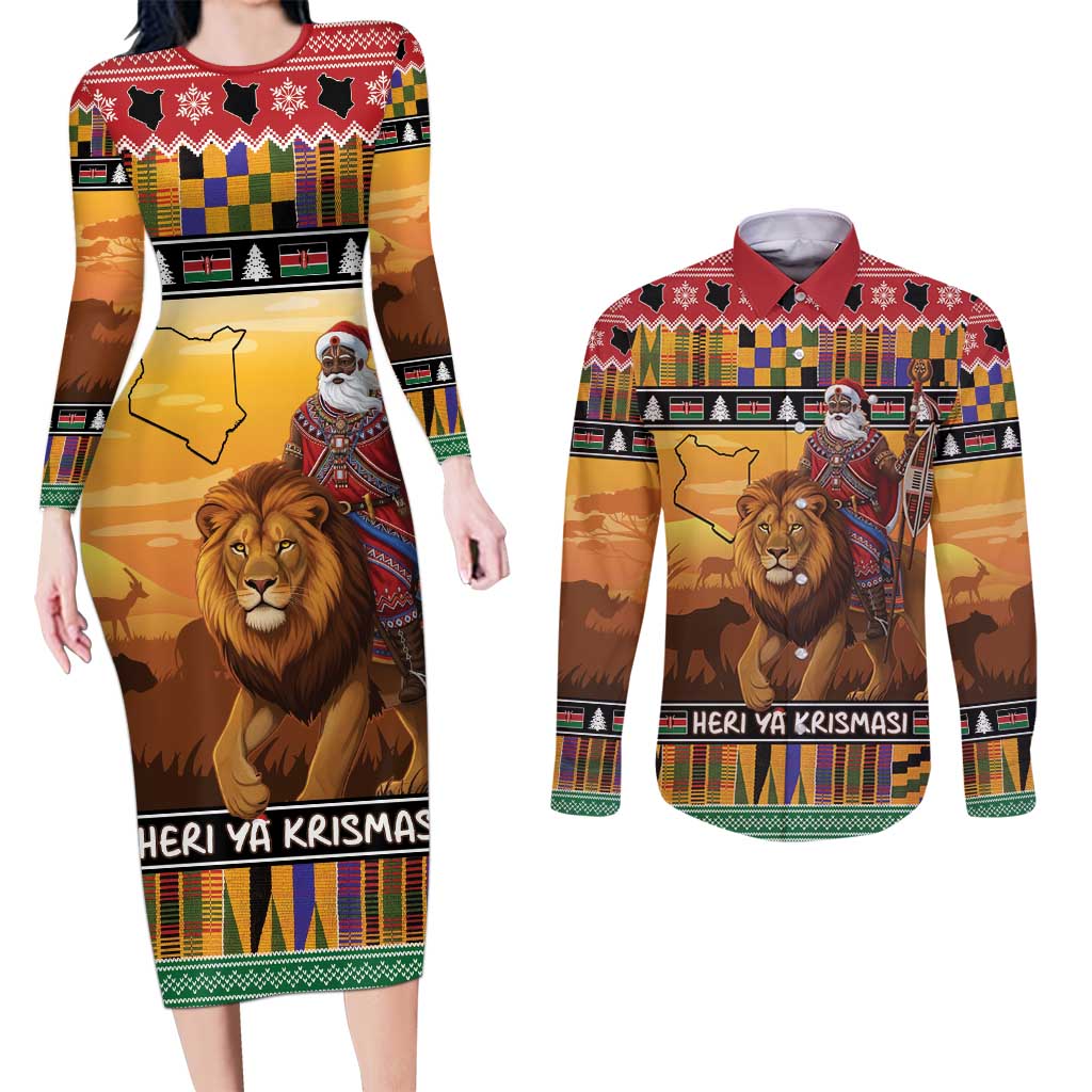 Kenya Safari Christmas Couples Matching Long Sleeve Bodycon Dress and Long Sleeve Button Shirt Black Santa Riding Lion - Heri ya Krismasi - Wonder Print Shop