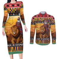 Kenya Safari Christmas Couples Matching Long Sleeve Bodycon Dress and Long Sleeve Button Shirt Black Santa Riding Lion - Heri ya Krismasi - Wonder Print Shop