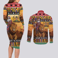 Kenya Safari Christmas Couples Matching Long Sleeve Bodycon Dress and Long Sleeve Button Shirt Black Santa Riding Lion - Heri ya Krismasi - Wonder Print Shop