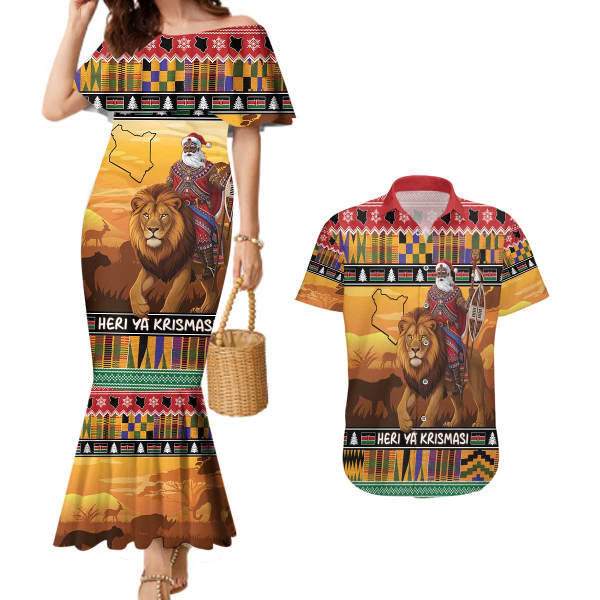 Kenya Safari Christmas Couples Matching Mermaid Dress and Hawaiian Shirt Black Santa Riding Lion - Heri ya Krismasi - Wonder Print Shop