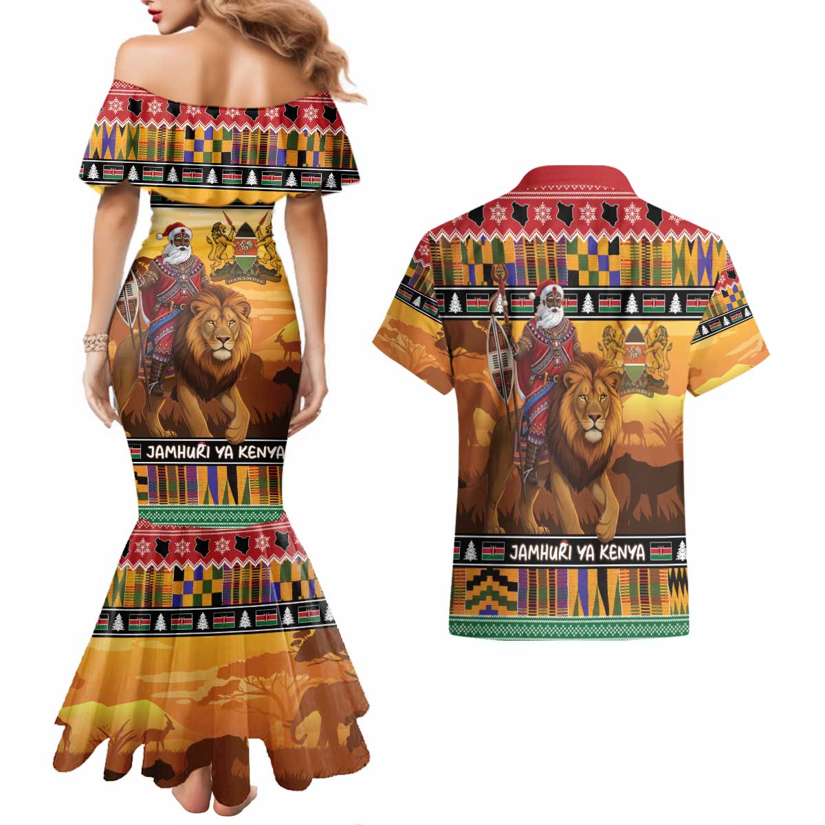 Kenya Safari Christmas Couples Matching Mermaid Dress and Hawaiian Shirt Black Santa Riding Lion - Heri ya Krismasi - Wonder Print Shop
