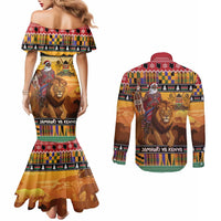 Kenya Safari Christmas Couples Matching Mermaid Dress and Long Sleeve Button Shirt Black Santa Riding Lion - Heri ya Krismasi - Wonder Print Shop