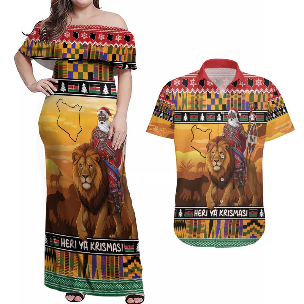Kenya Safari Christmas Couples Matching Off Shoulder Maxi Dress and Hawaiian Shirt Black Santa Riding Lion - Heri ya Krismasi - Wonder Print Shop