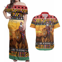 Kenya Safari Christmas Couples Matching Off Shoulder Maxi Dress and Hawaiian Shirt Black Santa Riding Lion - Heri ya Krismasi - Wonder Print Shop