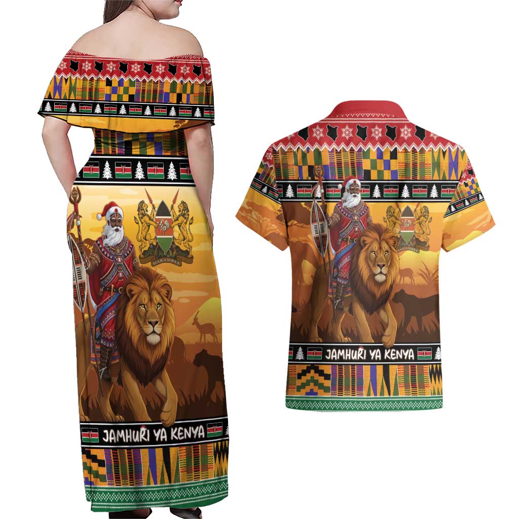 Kenya Safari Christmas Couples Matching Off Shoulder Maxi Dress and Hawaiian Shirt Black Santa Riding Lion - Heri ya Krismasi - Wonder Print Shop