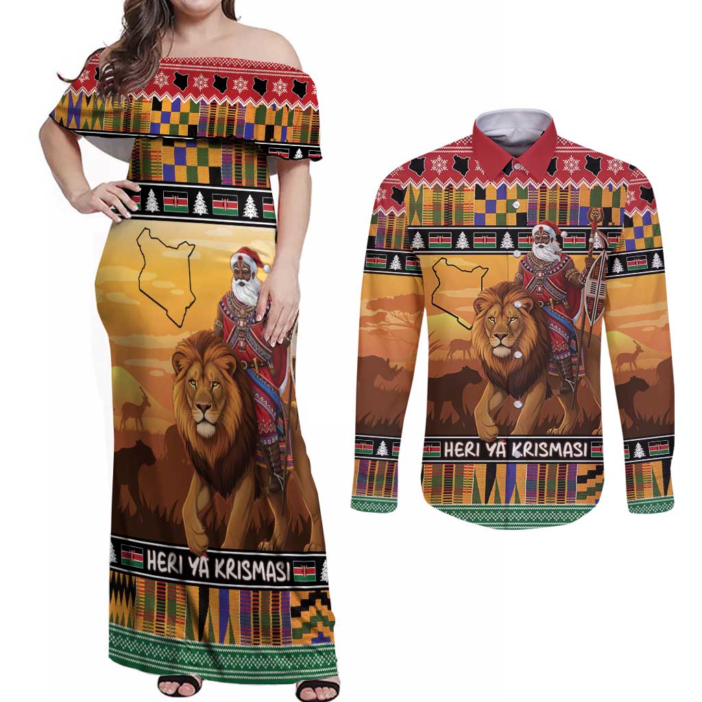 Kenya Safari Christmas Couples Matching Off Shoulder Maxi Dress and Long Sleeve Button Shirt Black Santa Riding Lion - Heri ya Krismasi - Wonder Print Shop