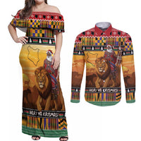 Kenya Safari Christmas Couples Matching Off Shoulder Maxi Dress and Long Sleeve Button Shirt Black Santa Riding Lion - Heri ya Krismasi - Wonder Print Shop