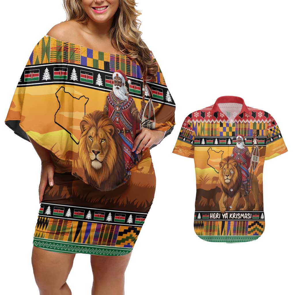 Kenya Safari Christmas Couples Matching Off Shoulder Short Dress and Hawaiian Shirt Black Santa Riding Lion - Heri ya Krismasi - Wonder Print Shop