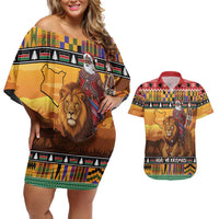 Kenya Safari Christmas Couples Matching Off Shoulder Short Dress and Hawaiian Shirt Black Santa Riding Lion - Heri ya Krismasi - Wonder Print Shop