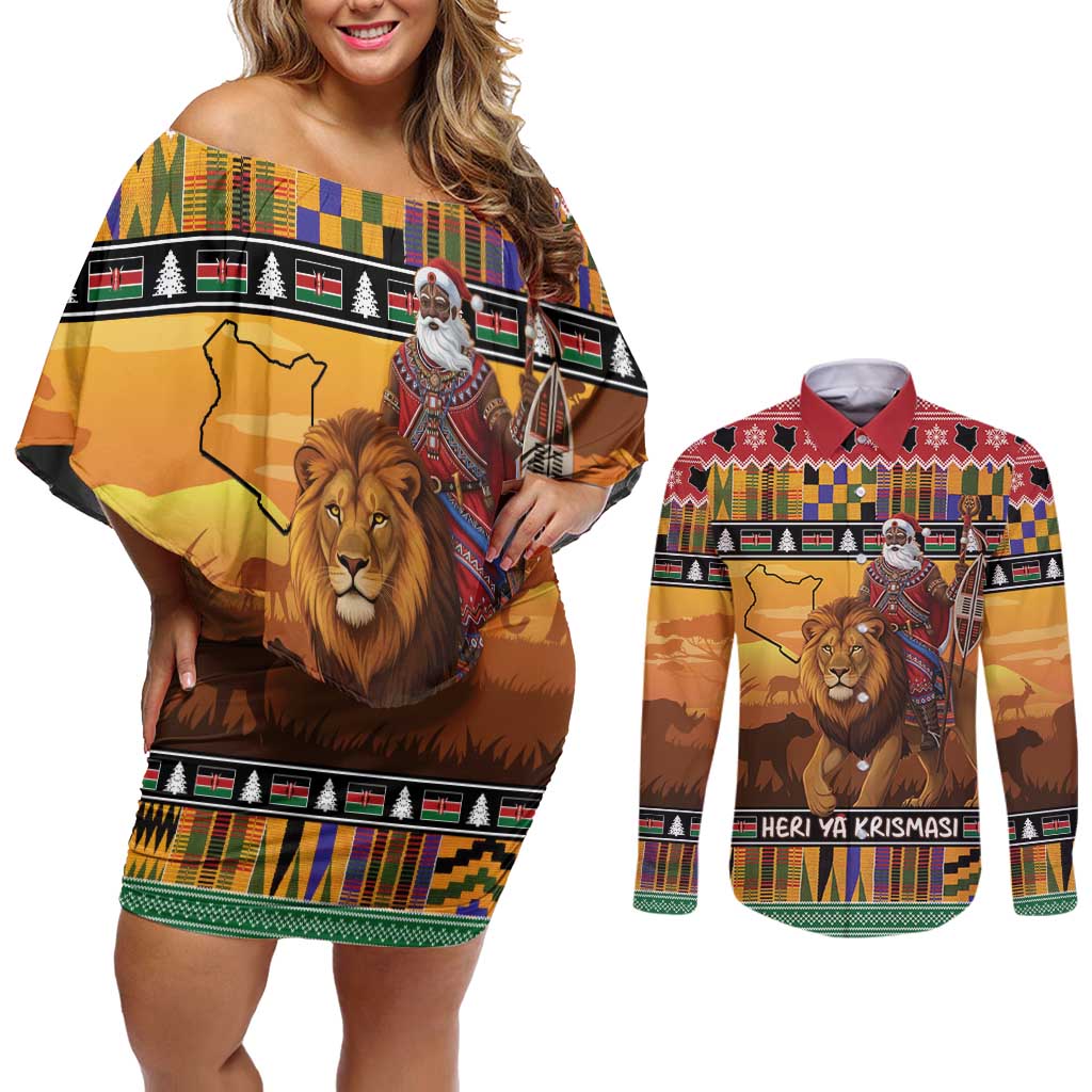 Kenya Safari Christmas Couples Matching Off Shoulder Short Dress and Long Sleeve Button Shirt Black Santa Riding Lion - Heri ya Krismasi - Wonder Print Shop