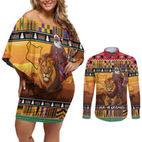 Kenya Safari Christmas Couples Matching Off Shoulder Short Dress and Long Sleeve Button Shirt Black Santa Riding Lion - Heri ya Krismasi - Wonder Print Shop