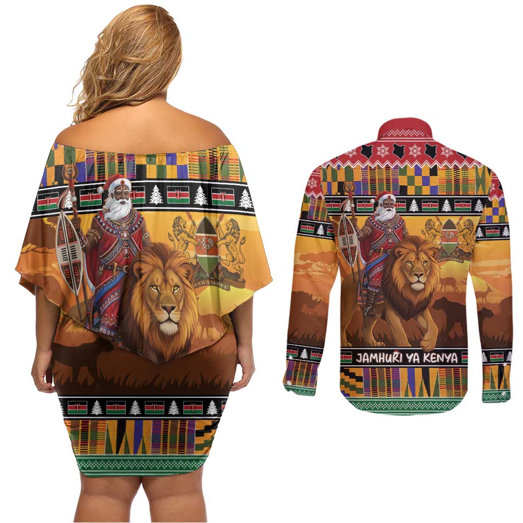 Kenya Safari Christmas Couples Matching Off Shoulder Short Dress and Long Sleeve Button Shirt Black Santa Riding Lion - Heri ya Krismasi - Wonder Print Shop