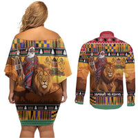 Kenya Safari Christmas Couples Matching Off Shoulder Short Dress and Long Sleeve Button Shirt Black Santa Riding Lion - Heri ya Krismasi - Wonder Print Shop