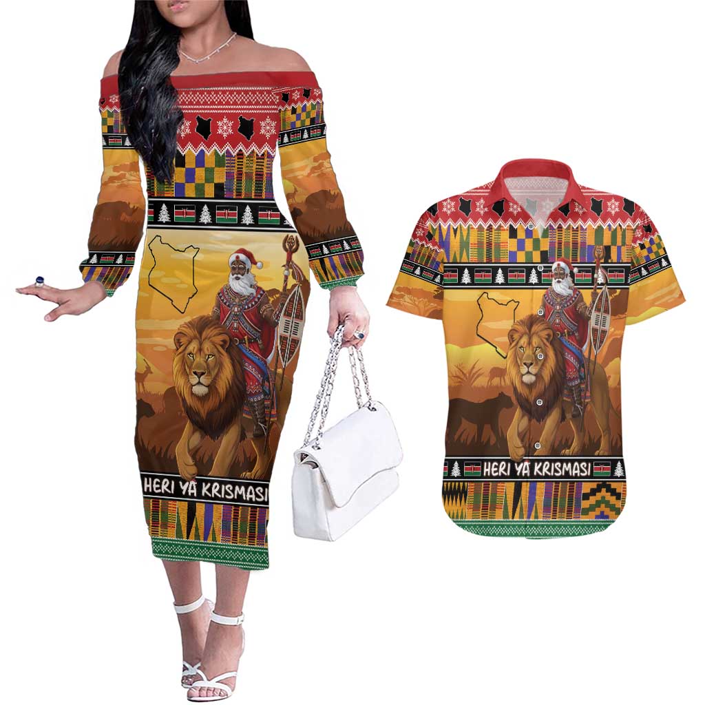 Kenya Safari Christmas Couples Matching Off The Shoulder Long Sleeve Dress and Hawaiian Shirt Black Santa Riding Lion - Heri ya Krismasi - Wonder Print Shop